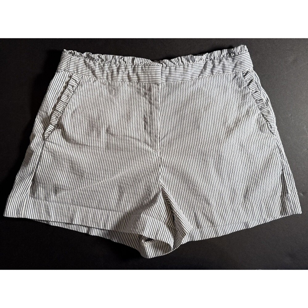 J Crew Ruffled Edge Seersucker Shorts Women 8 White Blue Striped Cotton Stretch
